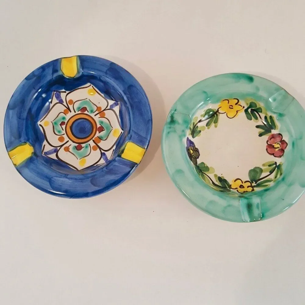 Vietri Store Dip A Mano Ceramic 4” Ashtrays Italy Floral Blue Green New Pottery